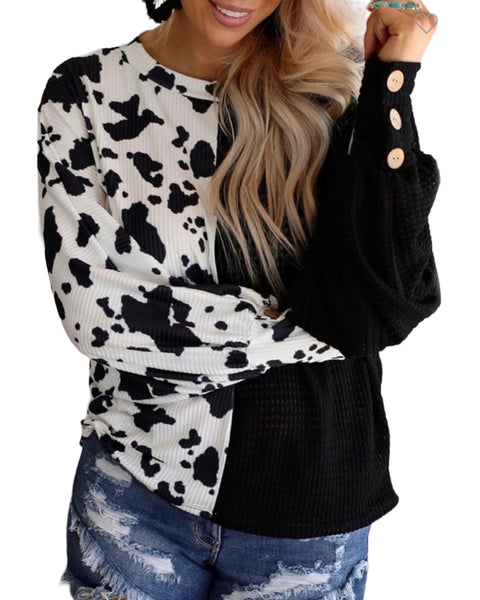 Long sleeve Cow color block waffle knit  top