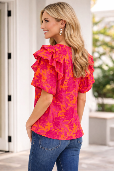 Floral Print Puff short sleeve blouse