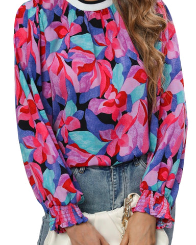 Multi Color Floral Print Puss Sleeve Blouse