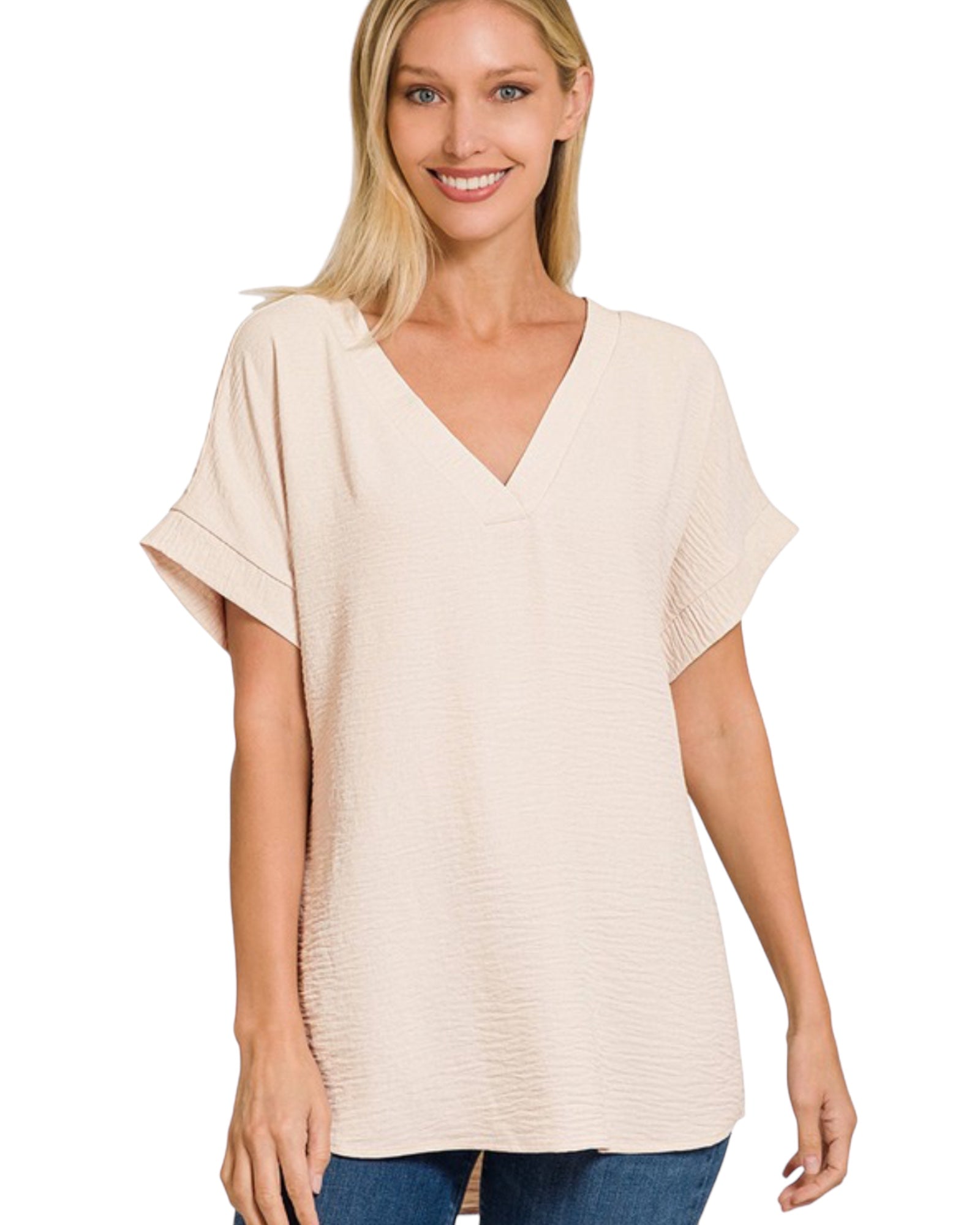 Woven airflow v neck hi low hem top