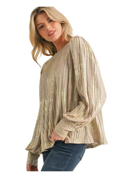 Metallic Pleated Peasant Sleeve Top