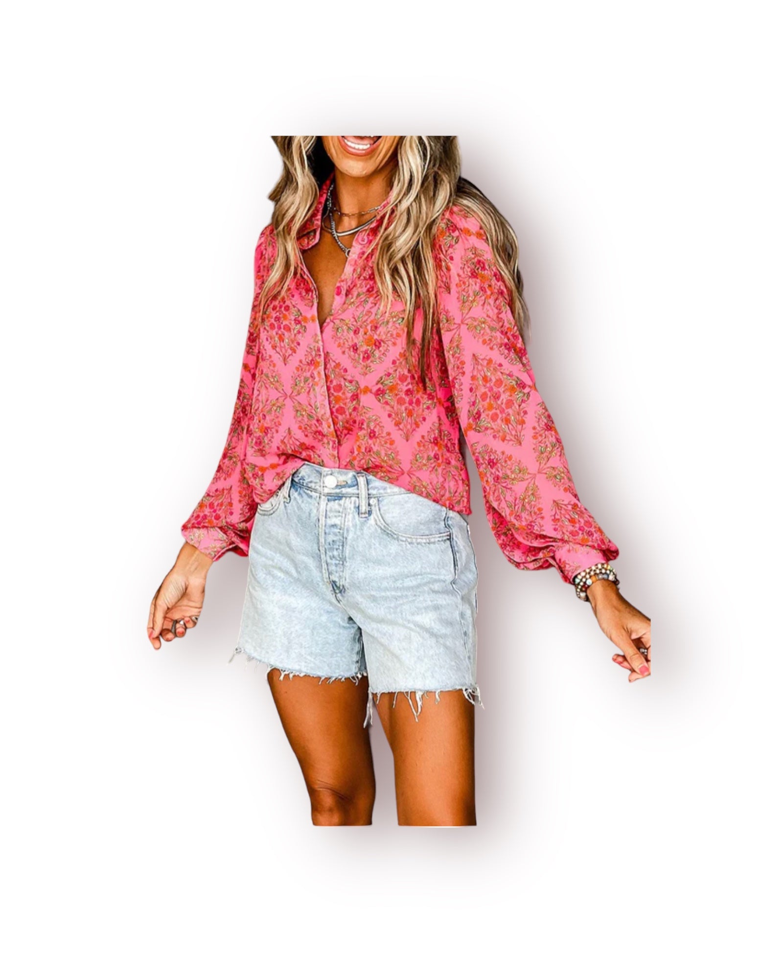 FLORAL PUFF SLEEVE BUTTONED SHIRT￼