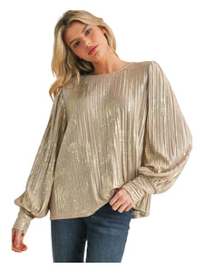 Metallic Pleated Peasant Sleeve Top