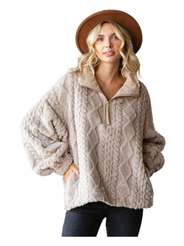 Argyle textured furry pullover with 1/4 zip