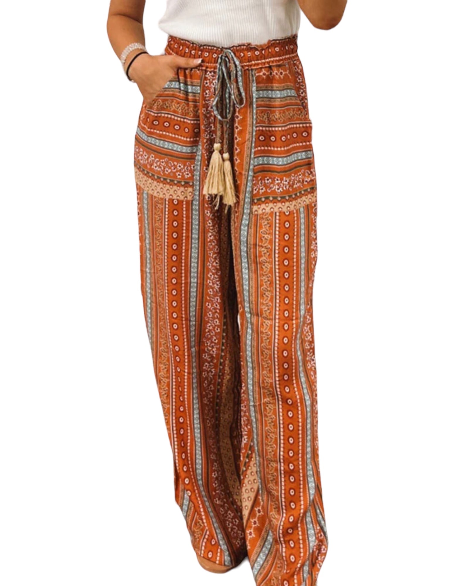 BOHO DRAWSTRING WIDE LEG PANTS