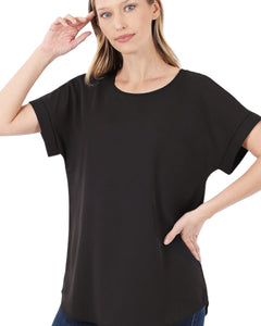 Woven Dobby rolled sleeve boat neck top