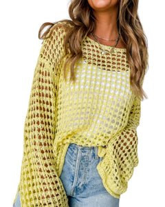 Yellow open knit crochet bell sleeve tunic sweater