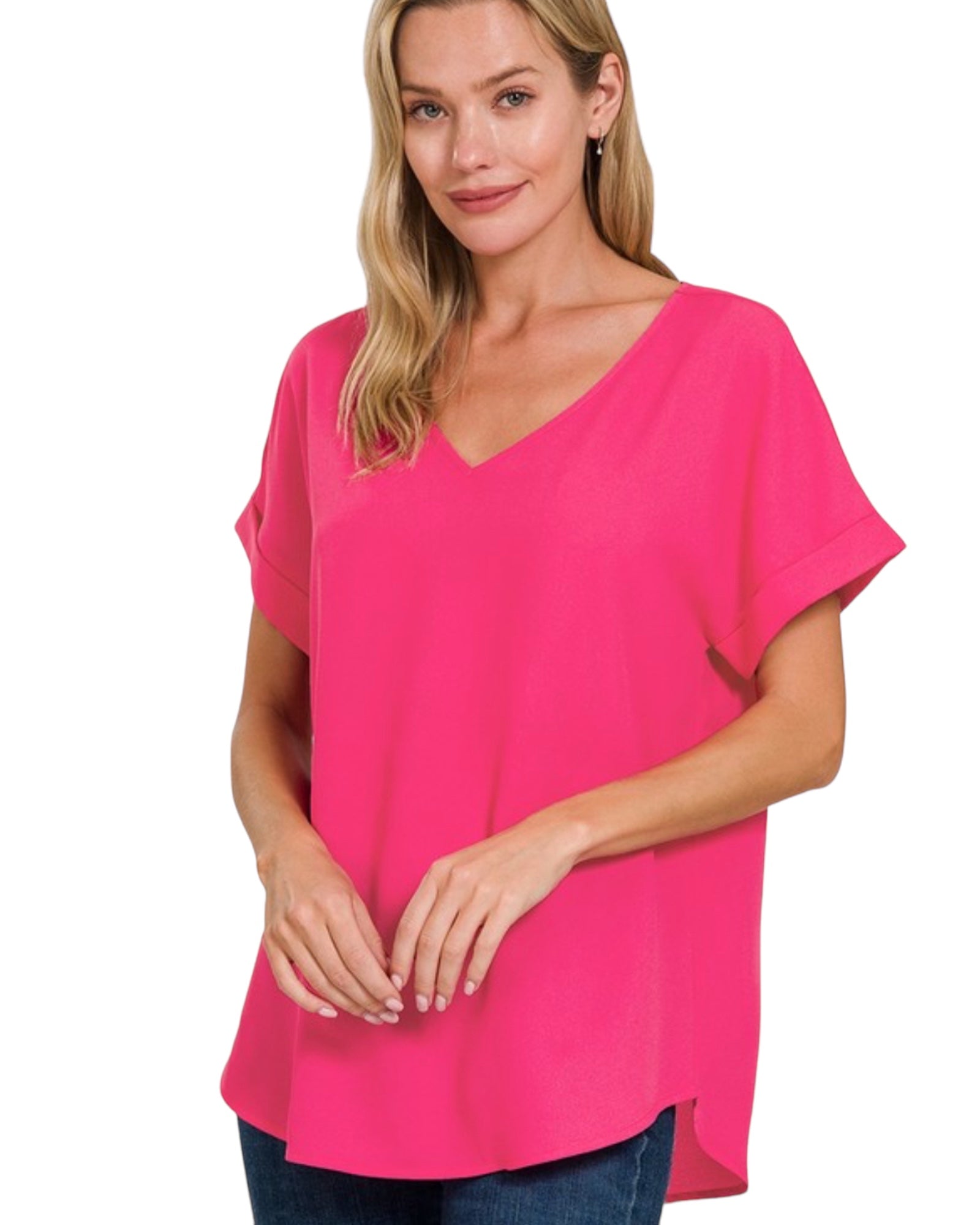 Woven Dobby rolled sleeve v neck top