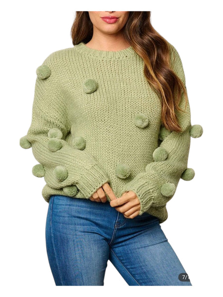 Sage Pom-Pom Knit Sweater
