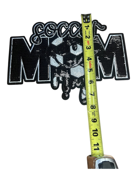 Sequin soccer mom iron on patch