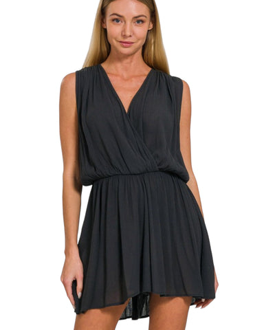 Woven Crinkle elastic waist draped romper w/tie open back