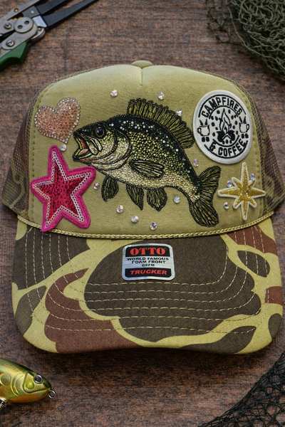 Glam Bass Camo Trucker Hat with Rhinestone Accents -Otto