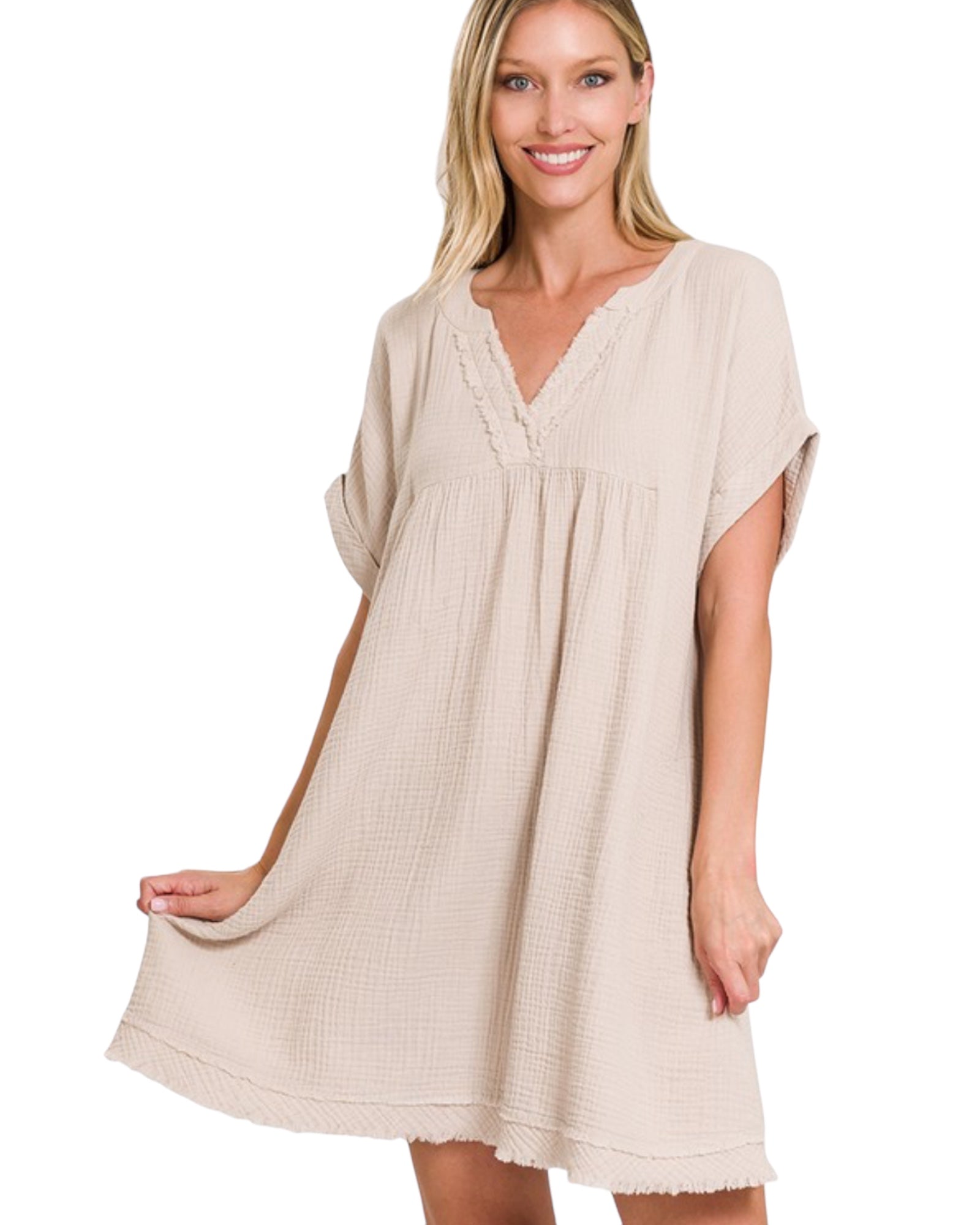 Double gauze raw edge v neck dress