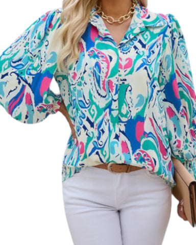 Abstract puff sleeve blouse