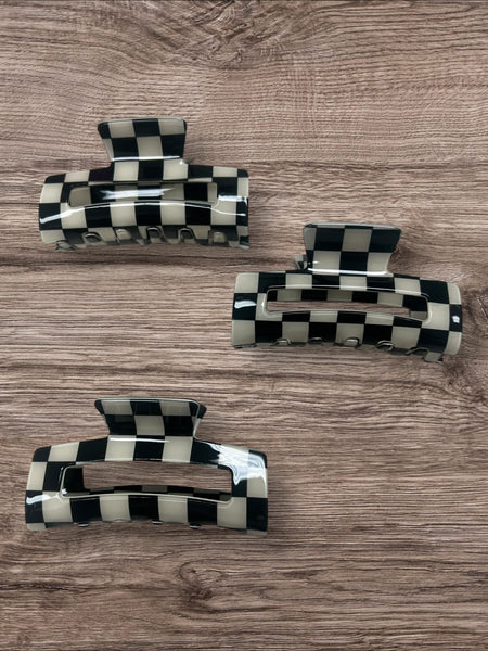 Creme and Black Check Hair Claw