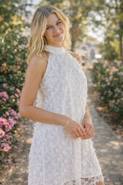 Butterfly Bliss White Appliqué  Halter  Dress 🦋✨