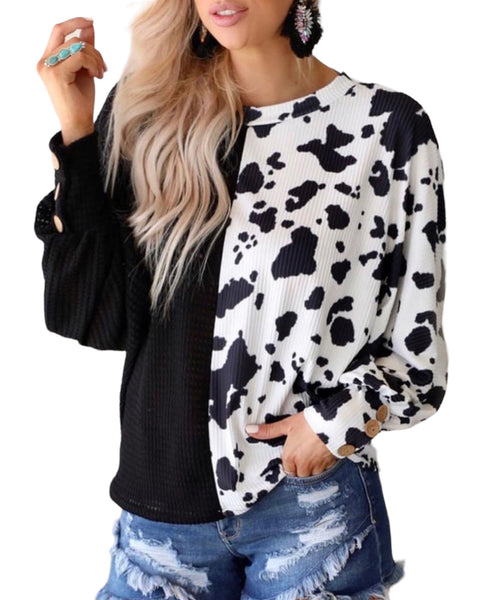 Long sleeve Cow color block waffle knit  top