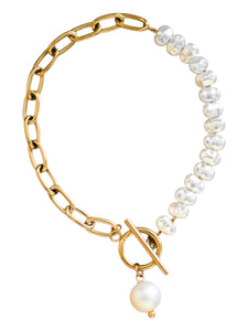 Non tarnish gold link and pearl bracelet