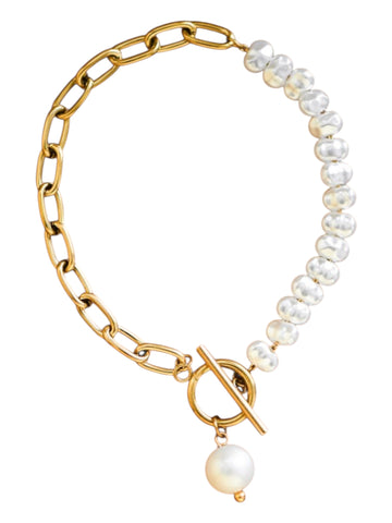 Non tarnish gold link and pearl bracelet