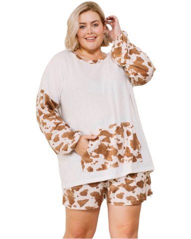 Plus  color  block cow print loungewear set