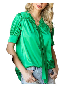 Satin short sleeve button top