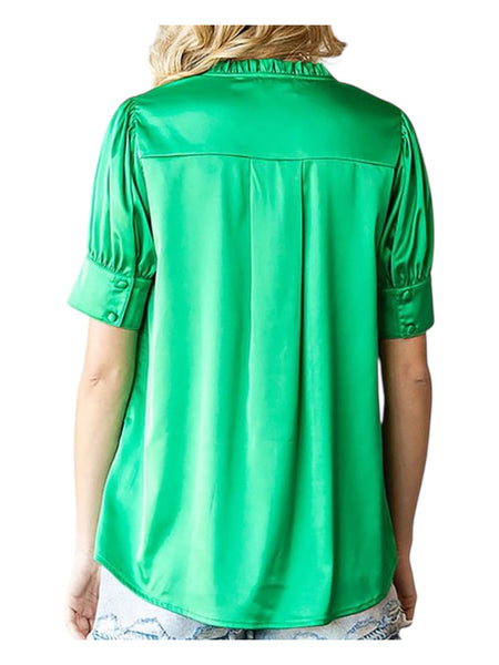 Satin short sleeve button top