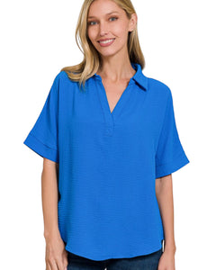 Woven Airflow collared v neck short sleeve top