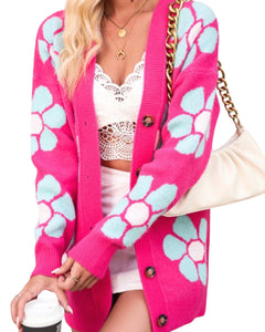 Pink floral pattern drop shoulder cardigan