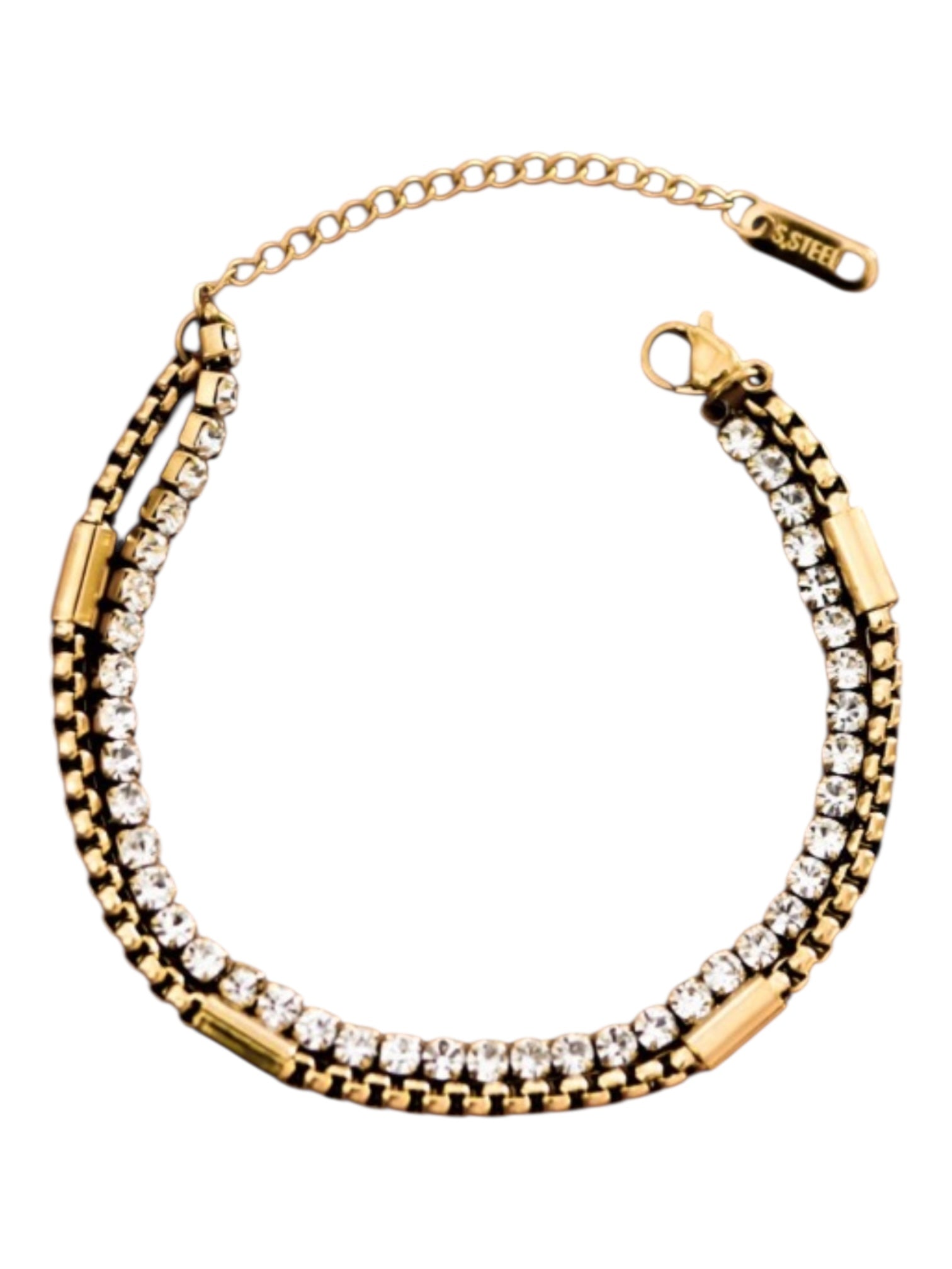 Non Tarnish stainless gold tone bracelet with clear stones