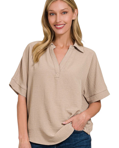 Woven Airflow collared v neck short sleeve top