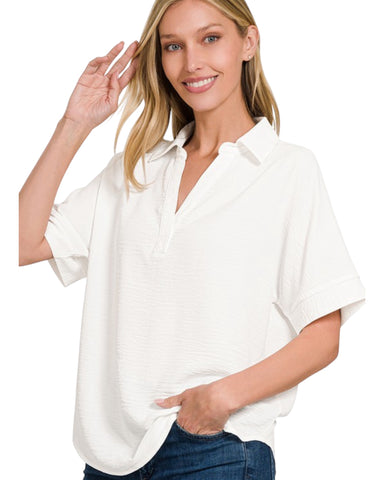 Woven Airflow collared v neck short sleeve top