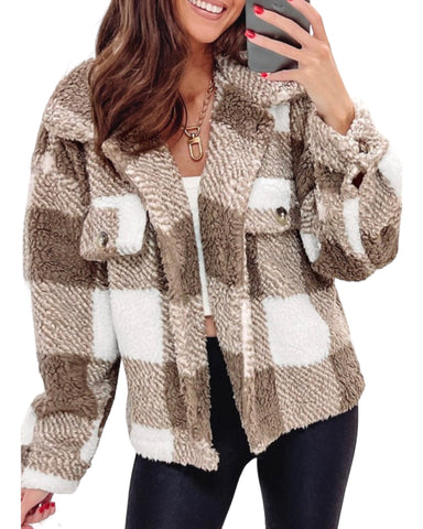 Plaid sherpa open front Shacket