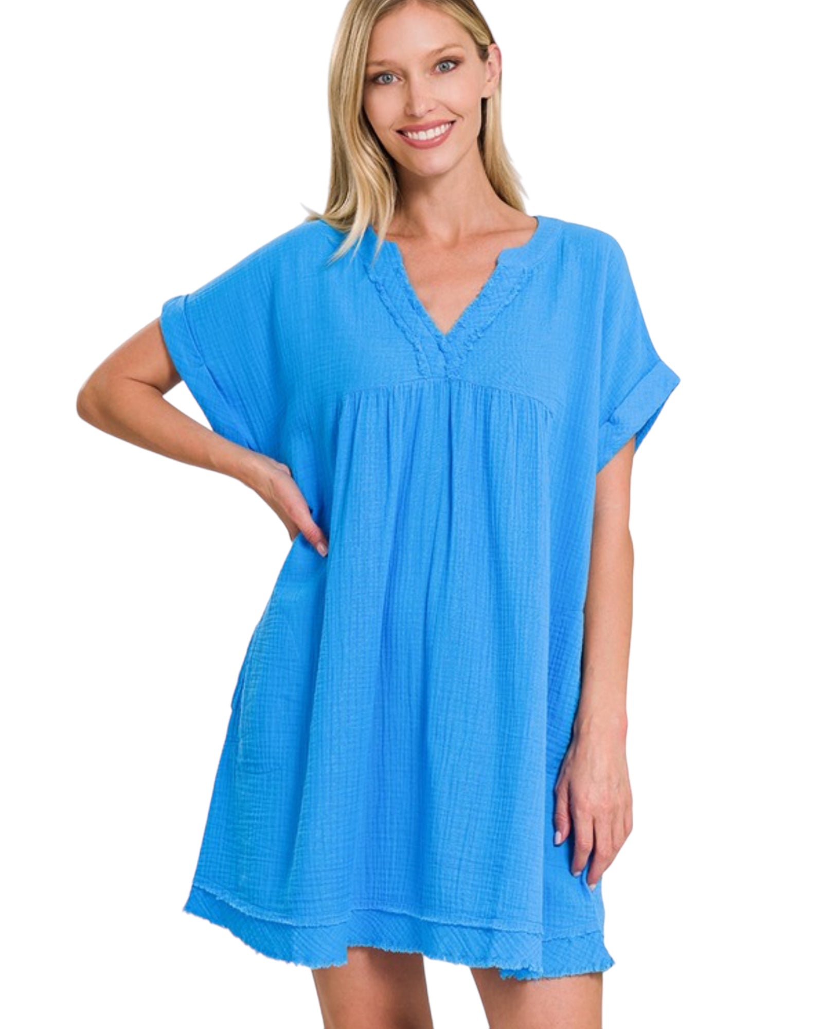 Double gauze raw edge v neck dress