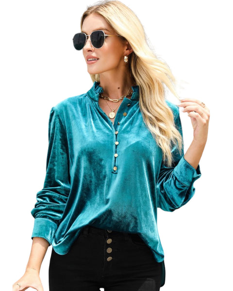 Frilled neck Velvet buttoned front top