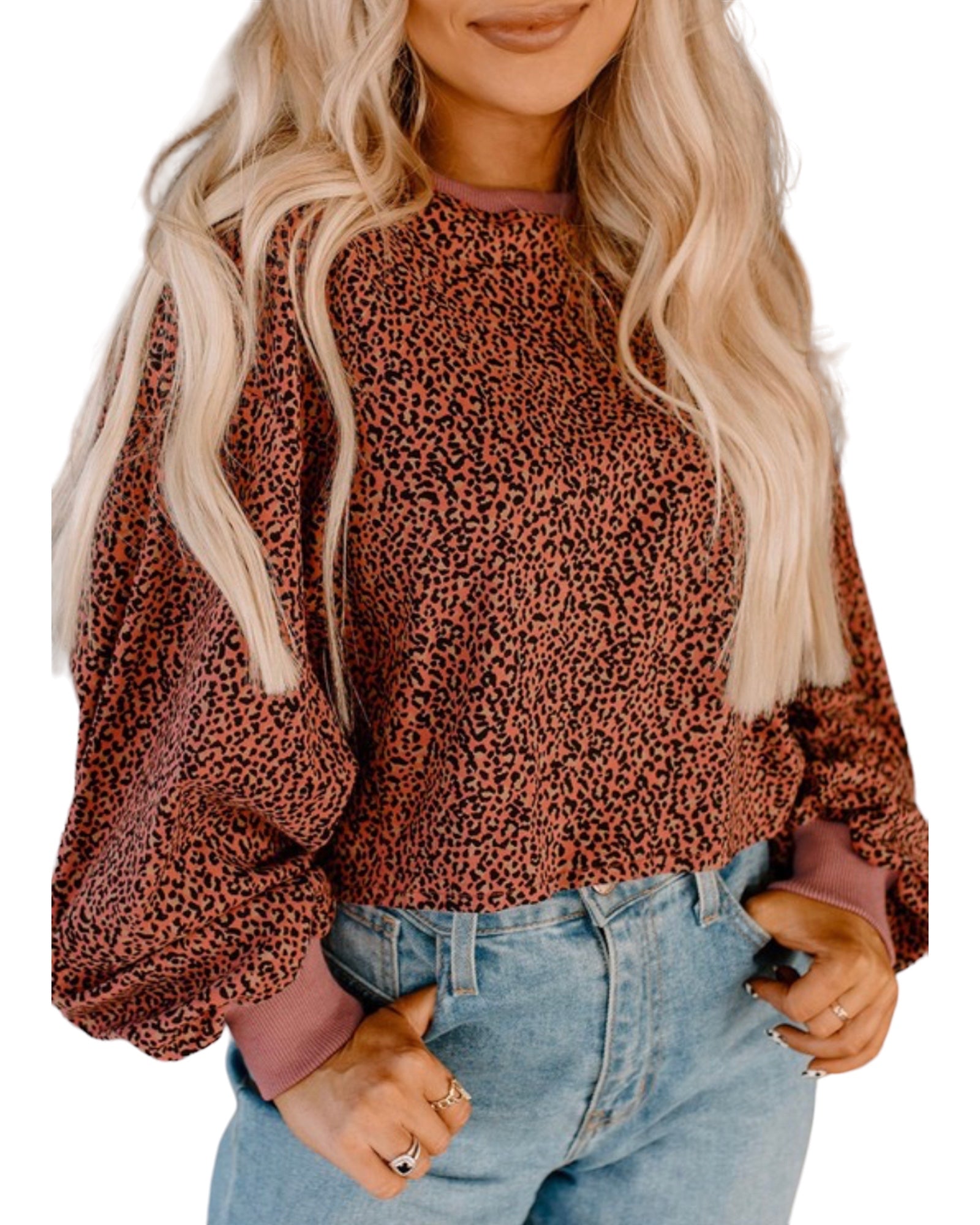 LEOPARD BUBBLE SLEEVE PULLOVER SWEATSHIRT