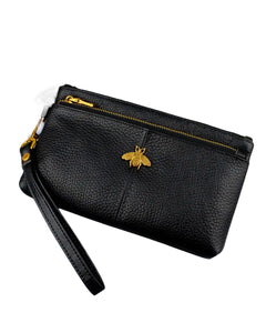 Black  Geniune Leather Wristlet bee design