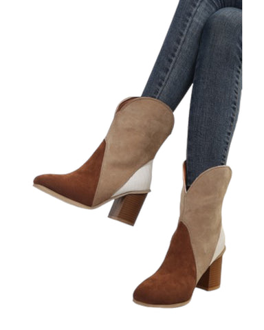 Color Block Suede Heel Ankle Boots