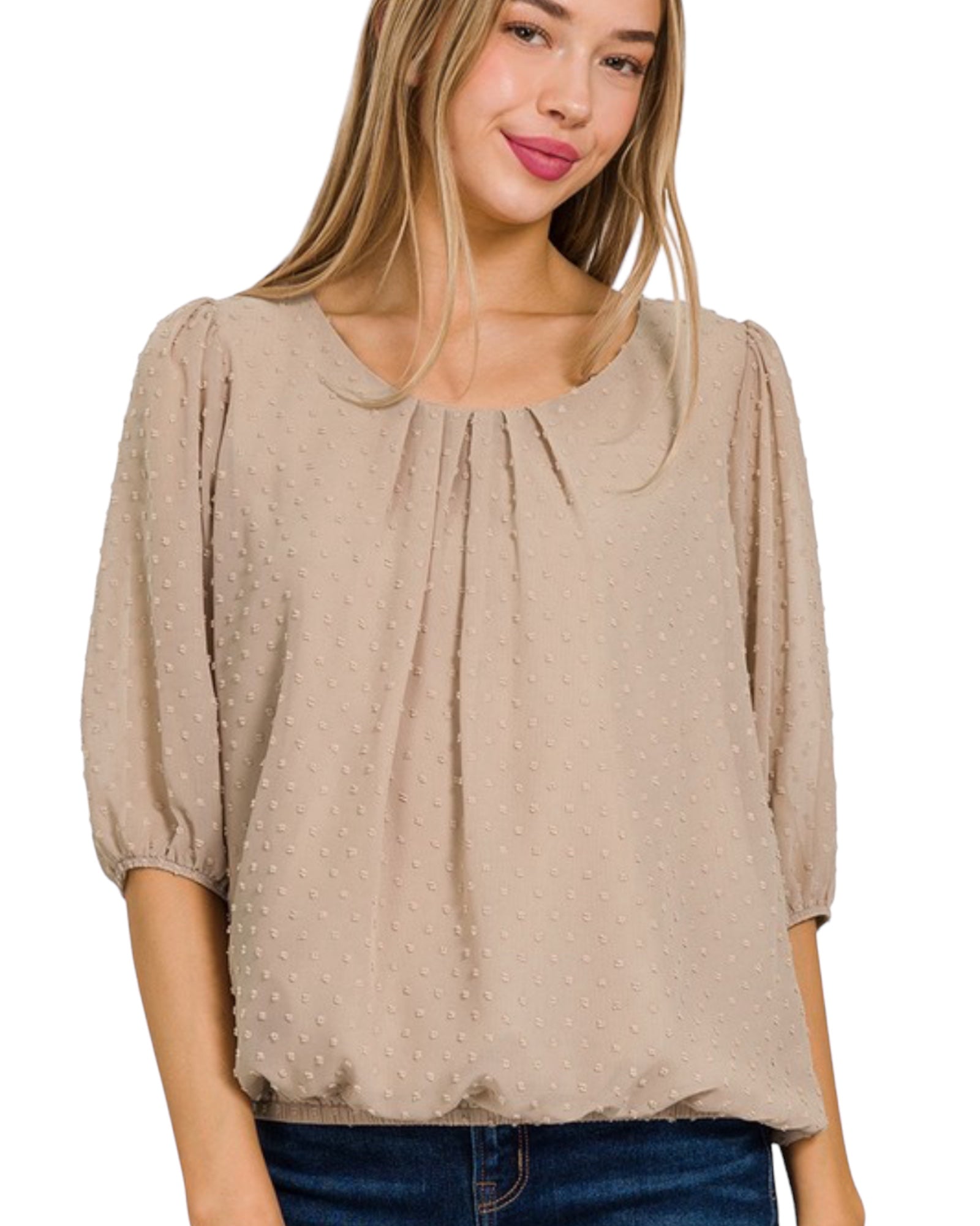 Swiss Dot puff elastic cuffed Sleeve Top