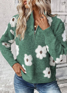 Floral Pattern Drop Shoulder zip Sweater