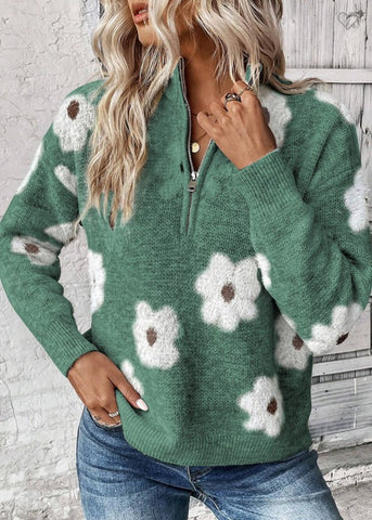 Floral Pattern Drop Shoulder zip Sweater