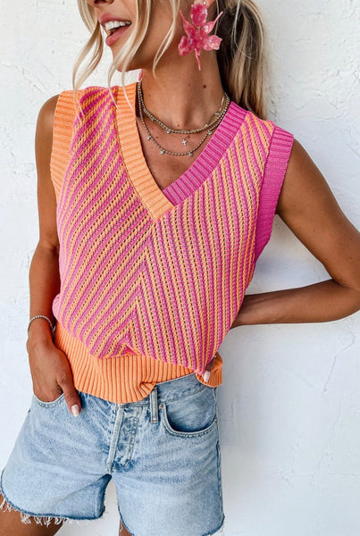 CHEVRON STRIPE COLOR BLOCK SWEATER VEST