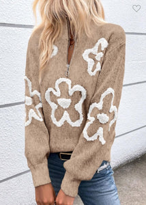 Flower knitted zip neck Sweater