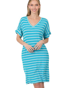 Stripe V neck dress w/ pockets
