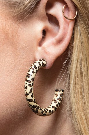 Leopard print natural wood hoop Earrings
