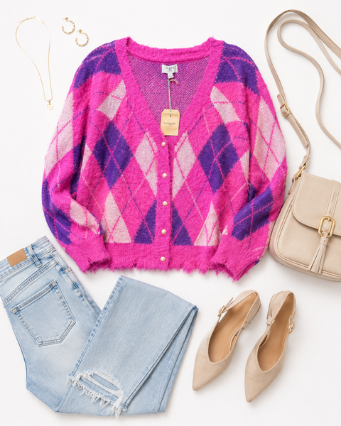 Pink & Purple Fuzzy Argyle Cardigan