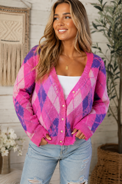 Pink & Purple Fuzzy Argyle Cardigan