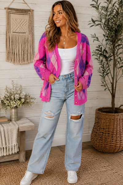 Pink & Purple Fuzzy Argyle Cardigan