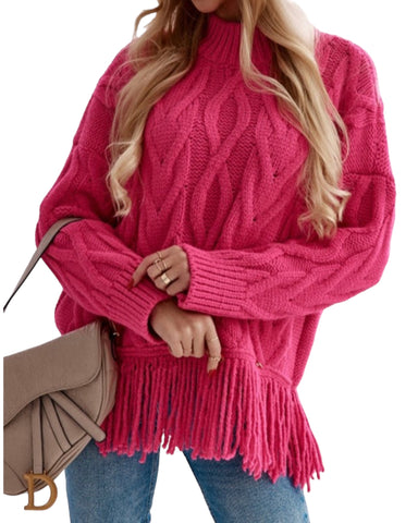 FRINGE CABLE KNIT TURTLE NECK SWEATER