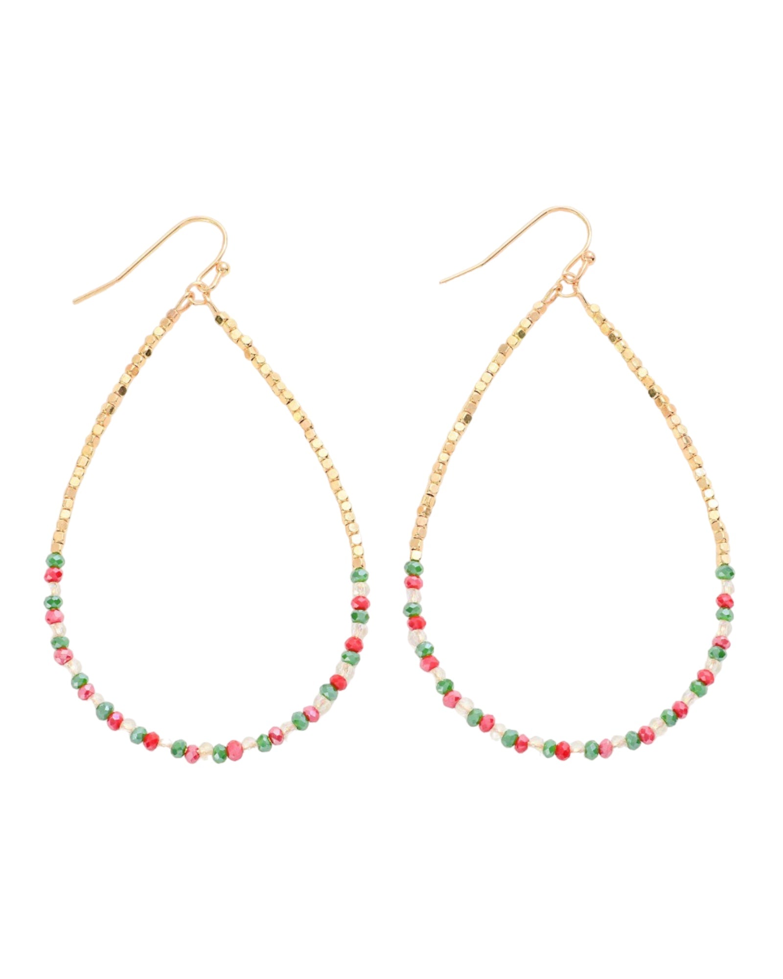 Beaded gold, green, clear  and red Drop Earrings