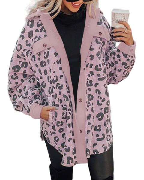 Pink corded leopard collared Shacket